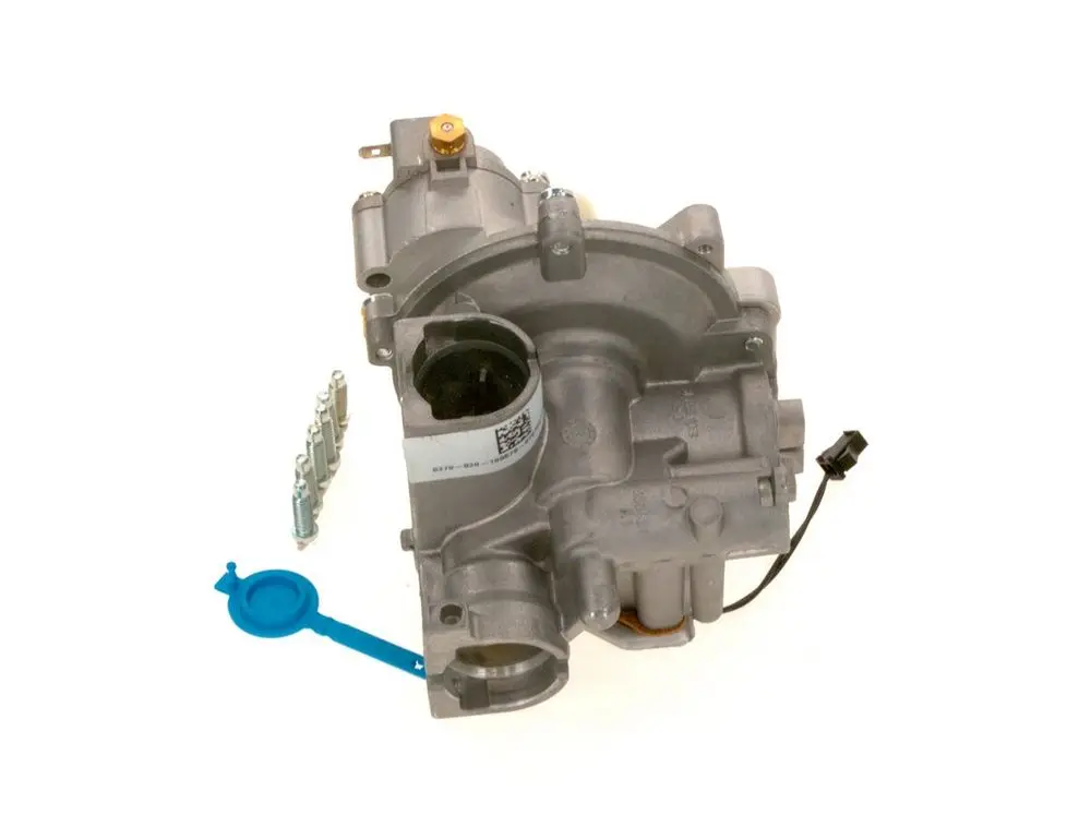 Gasarmatur von Bosch, aus Metall, mit mehreren Anschlussmöglichkeiten und einer elektrischen Verbindung. Teile zur Befestigung sind im Bild sichtbar.